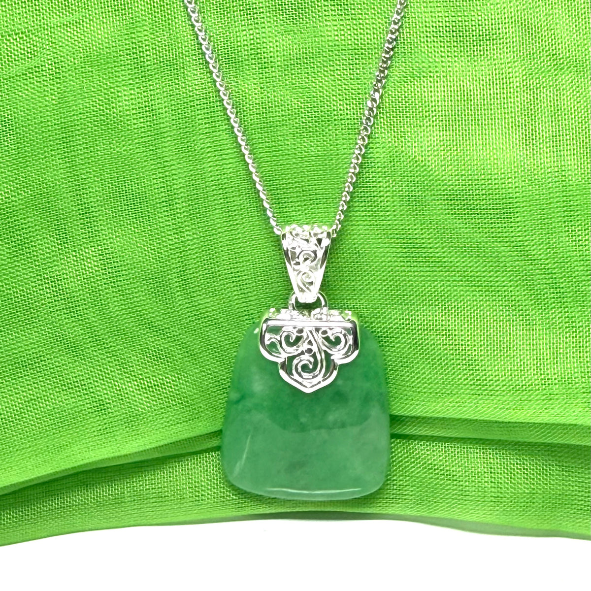 Real green jade necklace sterling silver large cushion shaped including a curb chain