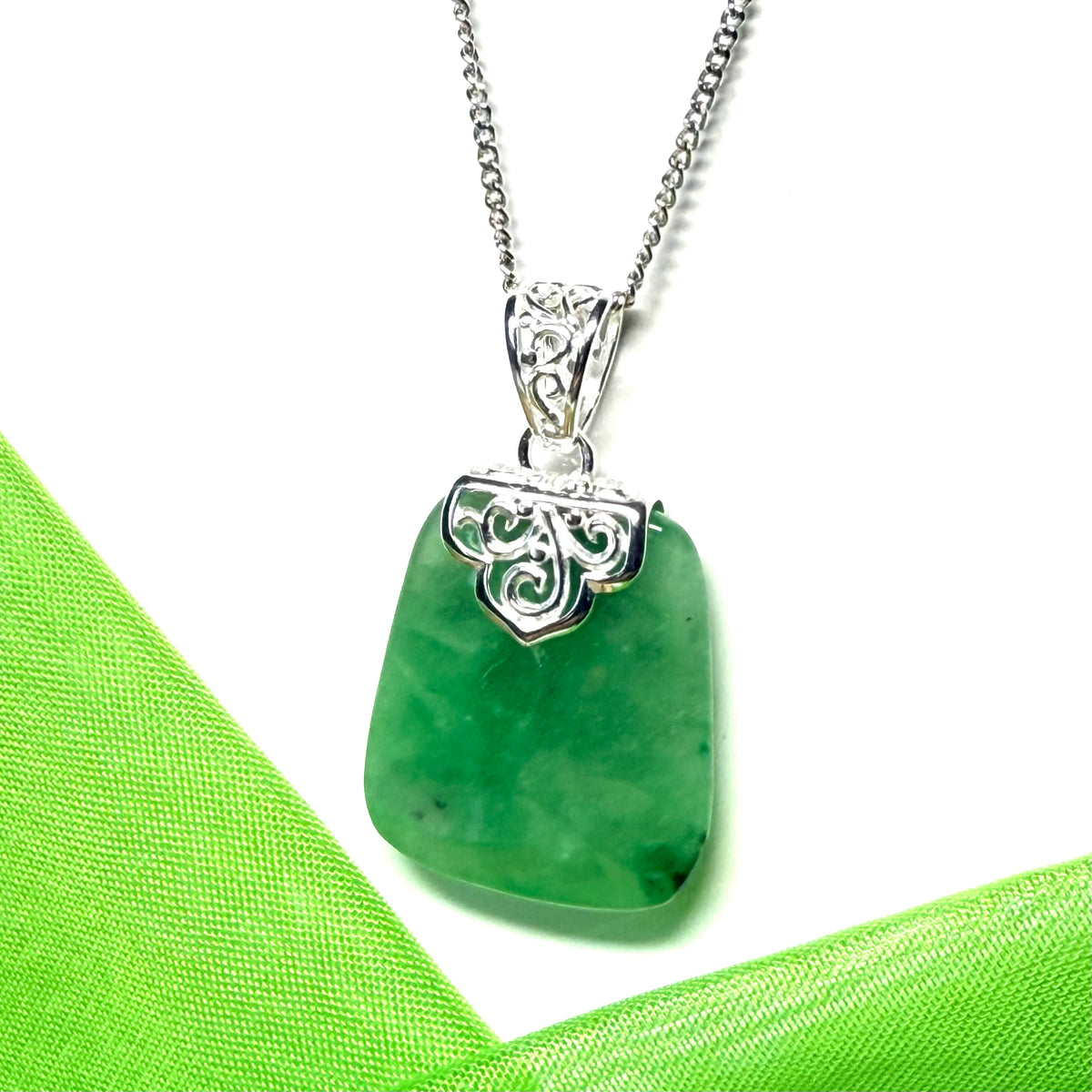 Real green jade necklace sterling silver large cushion shaped including a solid silver curb chain