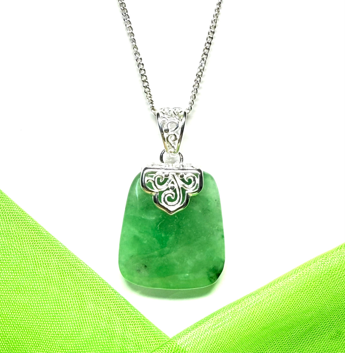Real green jade necklace sterling silver large cushion shaped including a solid silver curb chain