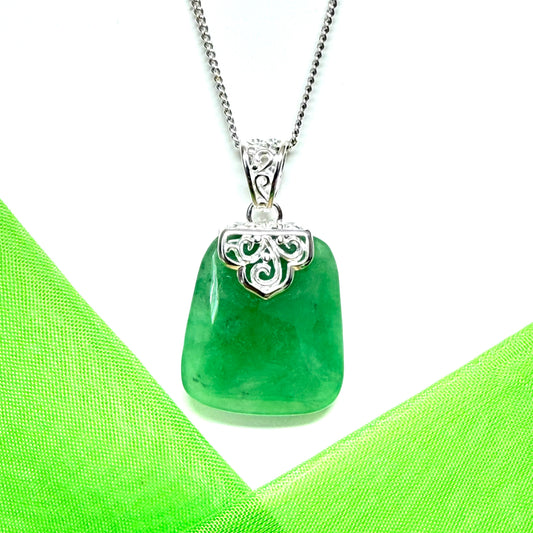 Real green jade necklace sterling silver large cushion shaped including a solid silver curb chain included