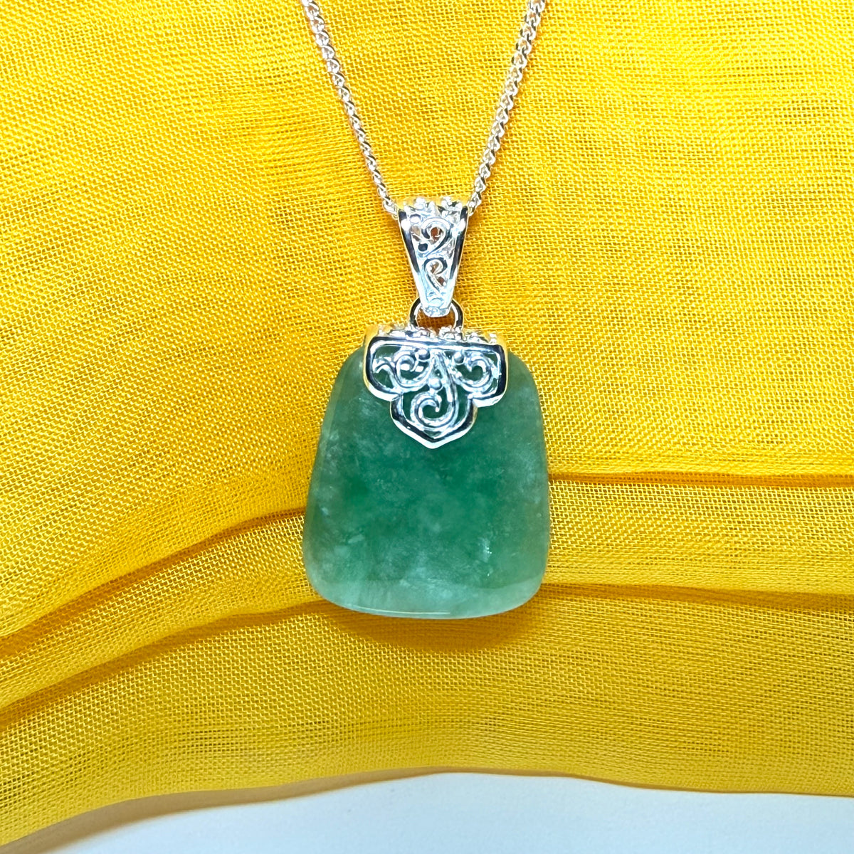 Real green jade necklace sterling silver large cushion shaped, a truly stunning pendant