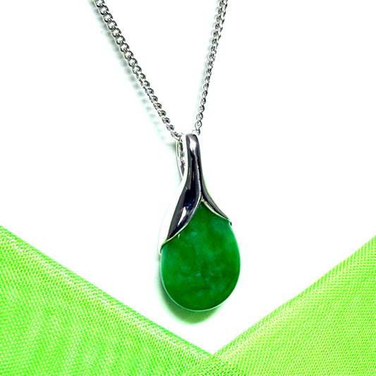 Real green jade necklace tear drop shape sterling silver pear shaped pendant