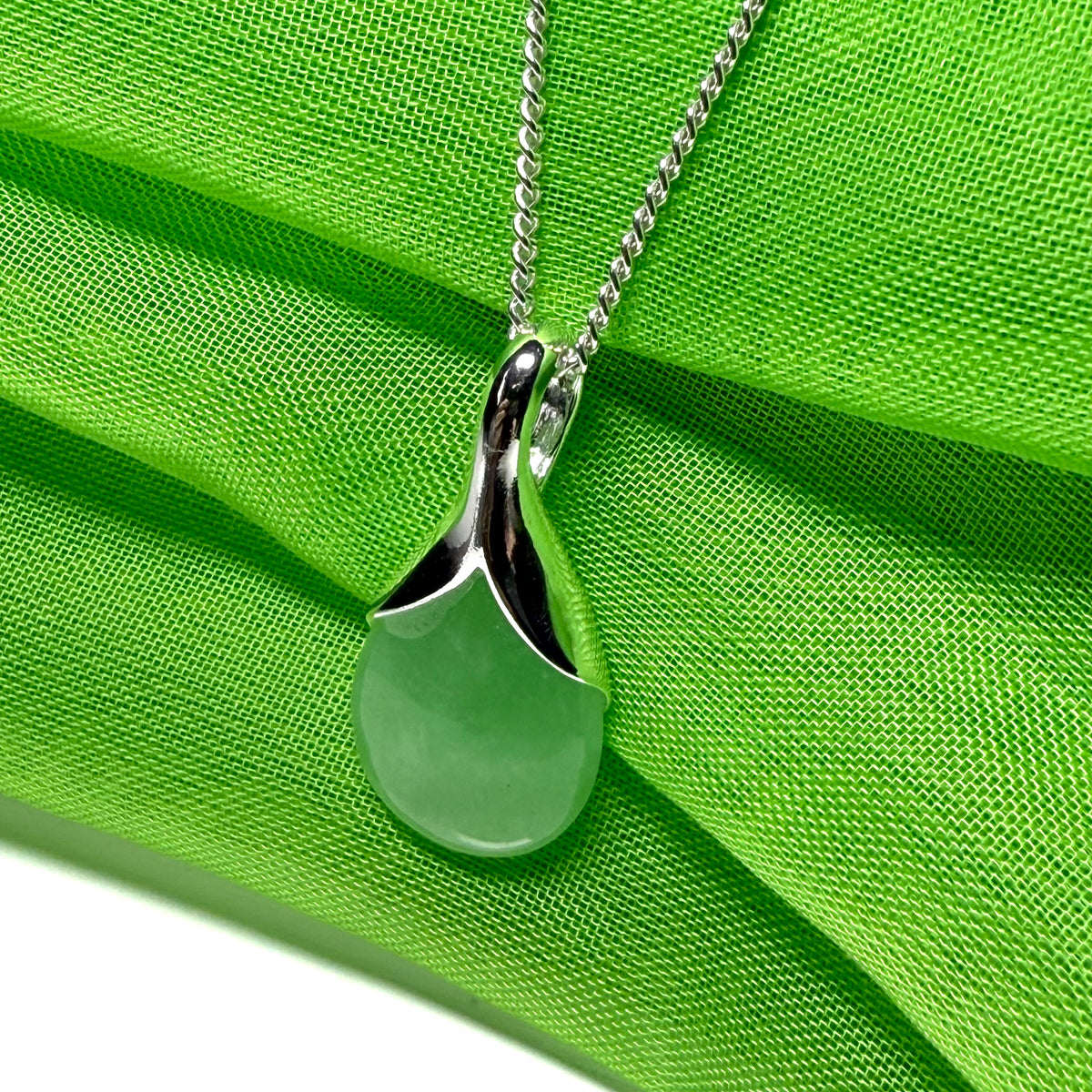 Real green jade necklace tear drop sterling silver pear shape pendant