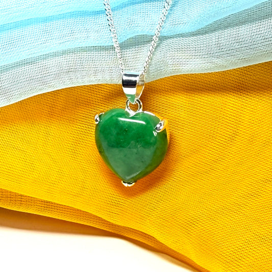 A real green jade pendant heart shaped sterling silver, a gorgeous design necklace with chain
