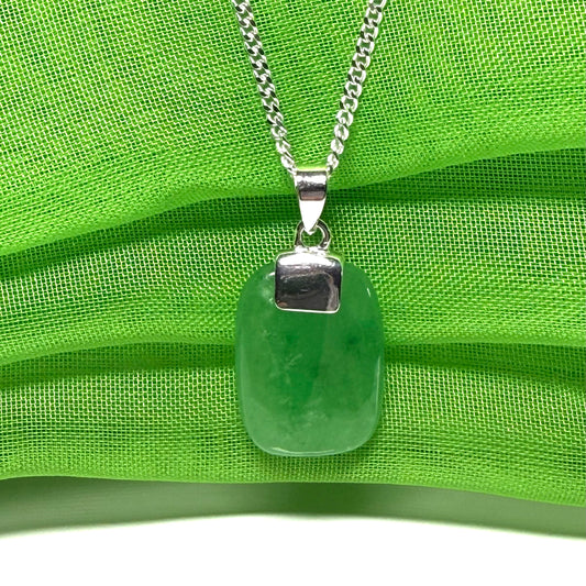 Real green jade pendant necklace cushion shaped silver with a chain