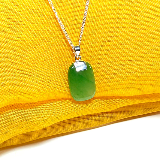 Real green jade pendant necklace cushion shaped silver with a solid chain included, stunning gorgeous