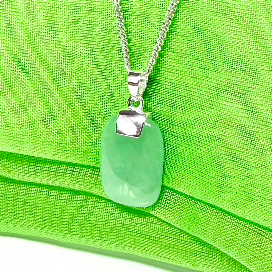 Real green jade pendant necklace with a cushion shaped silver