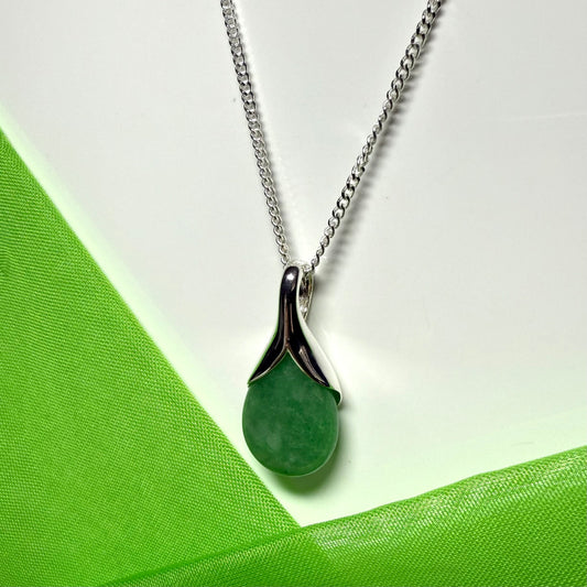 Real green jade pendant teardrop sterling silver pear shaped necklace