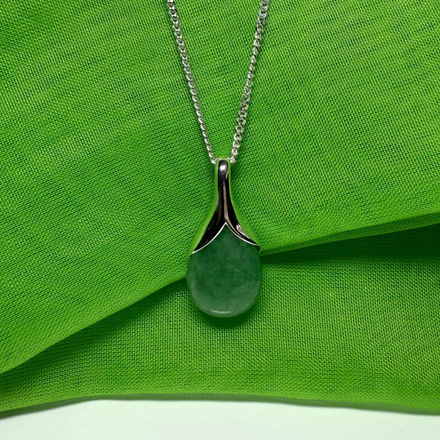 Real green jade pendant teardrop sterling silver pear shaped necklace