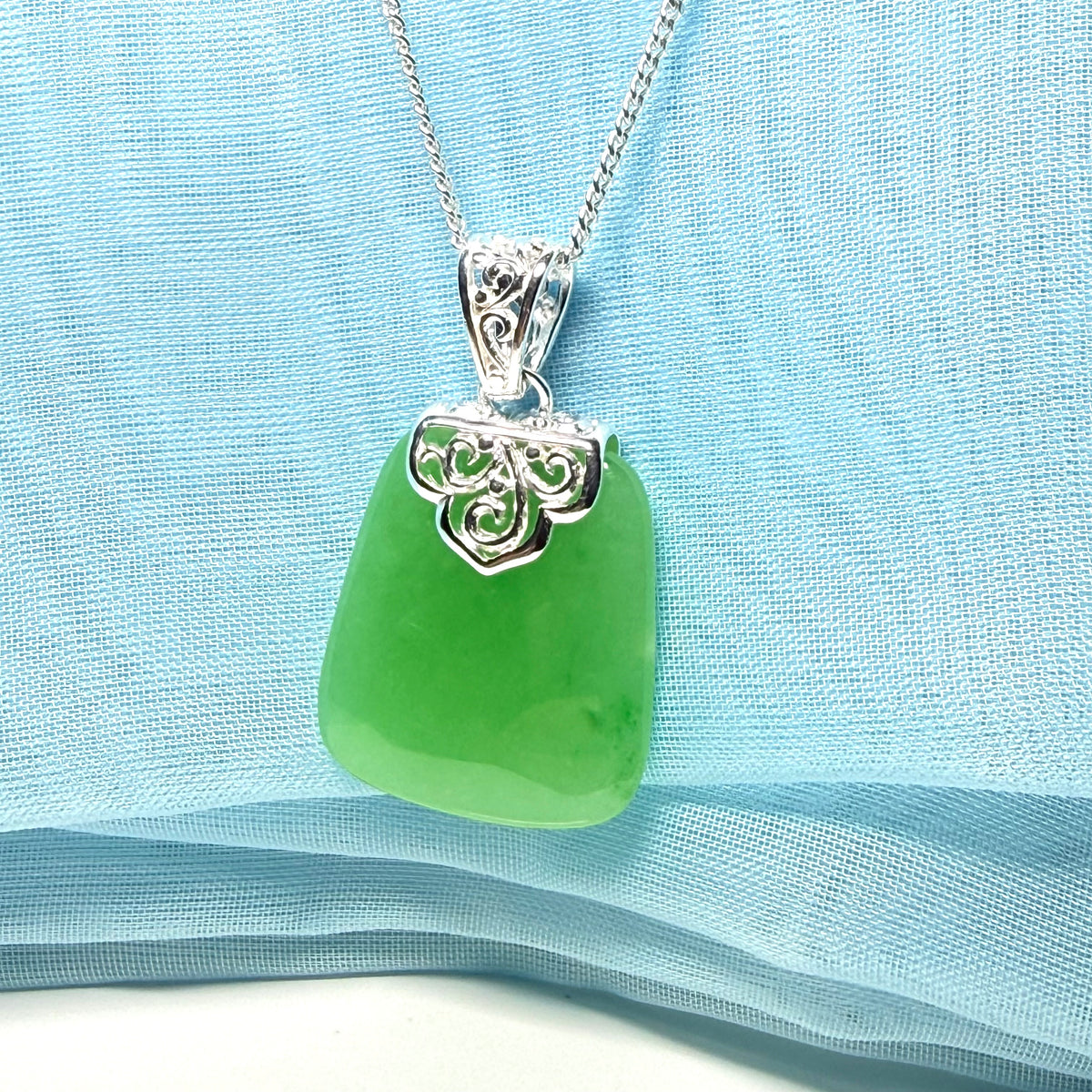 Real green jade stone, large cushion shaped necklace, a truly stunning pendant