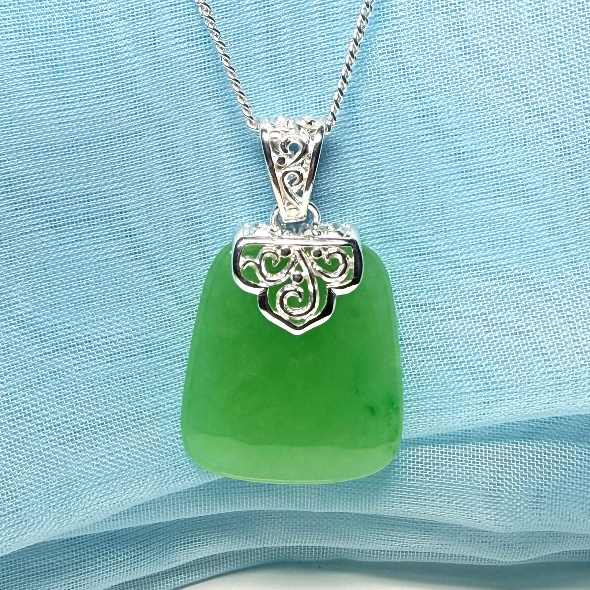 Real green jade stone, large cushion shaped necklace, a truly stunning pendant