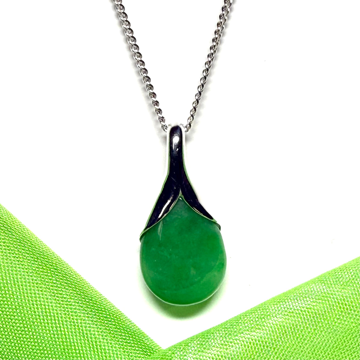Real green jade tear drop sterling silver pear or teardrop shape pendant