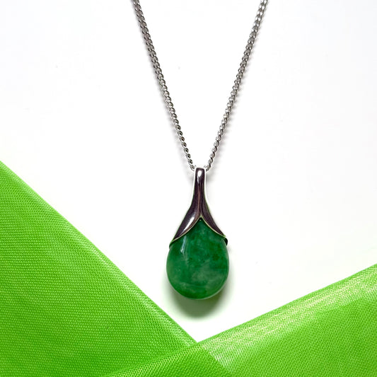 Real green jade tear drop sterling silver pear or teardrop shape pendant, a timeless design