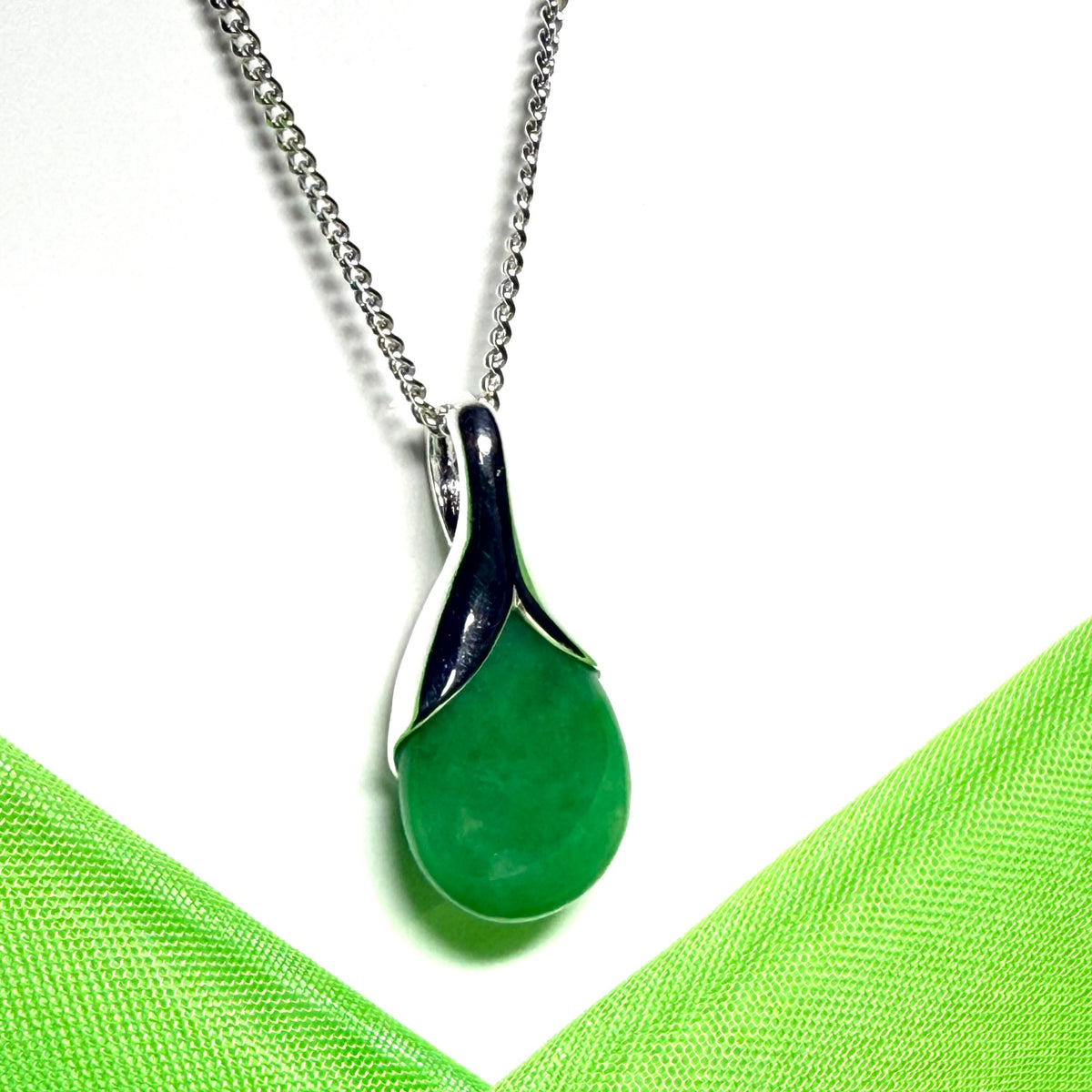 Real green jade tear drop sterling silver pear or teardrop shape pendant