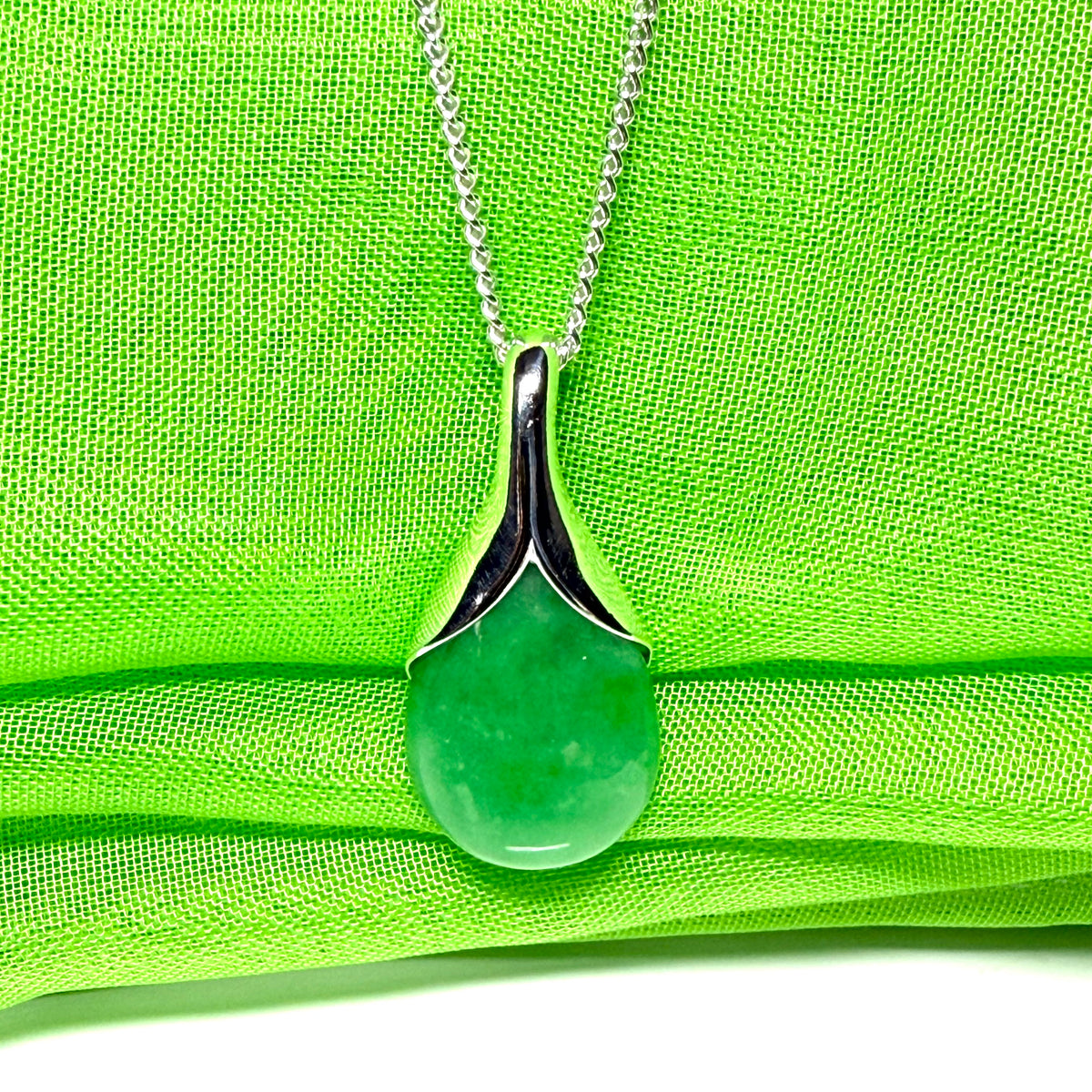 Real green jade tear drop sterling silver pear or teardrop shape pendant