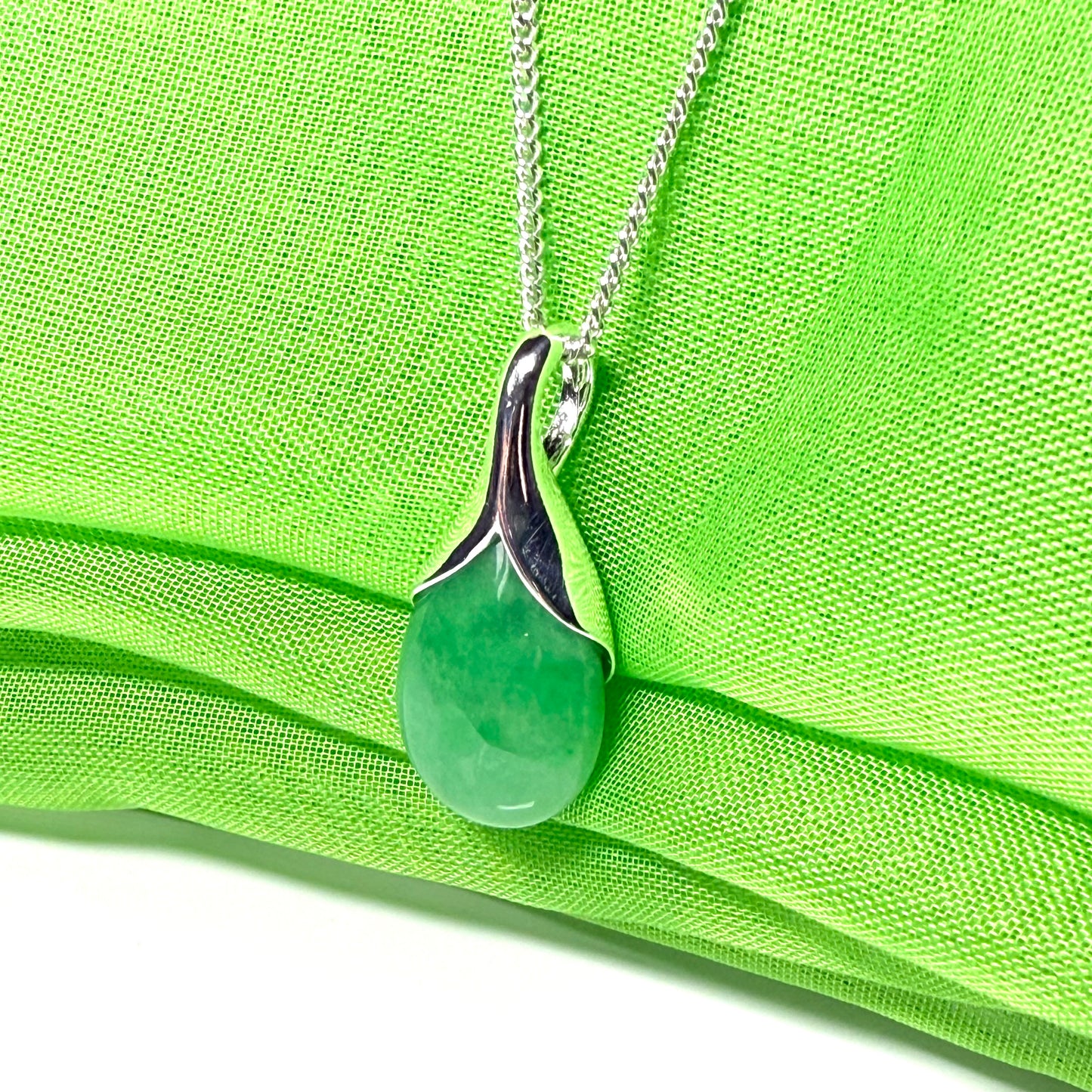 Real green jade tear drop sterling silver pear or teardrop shape pendant