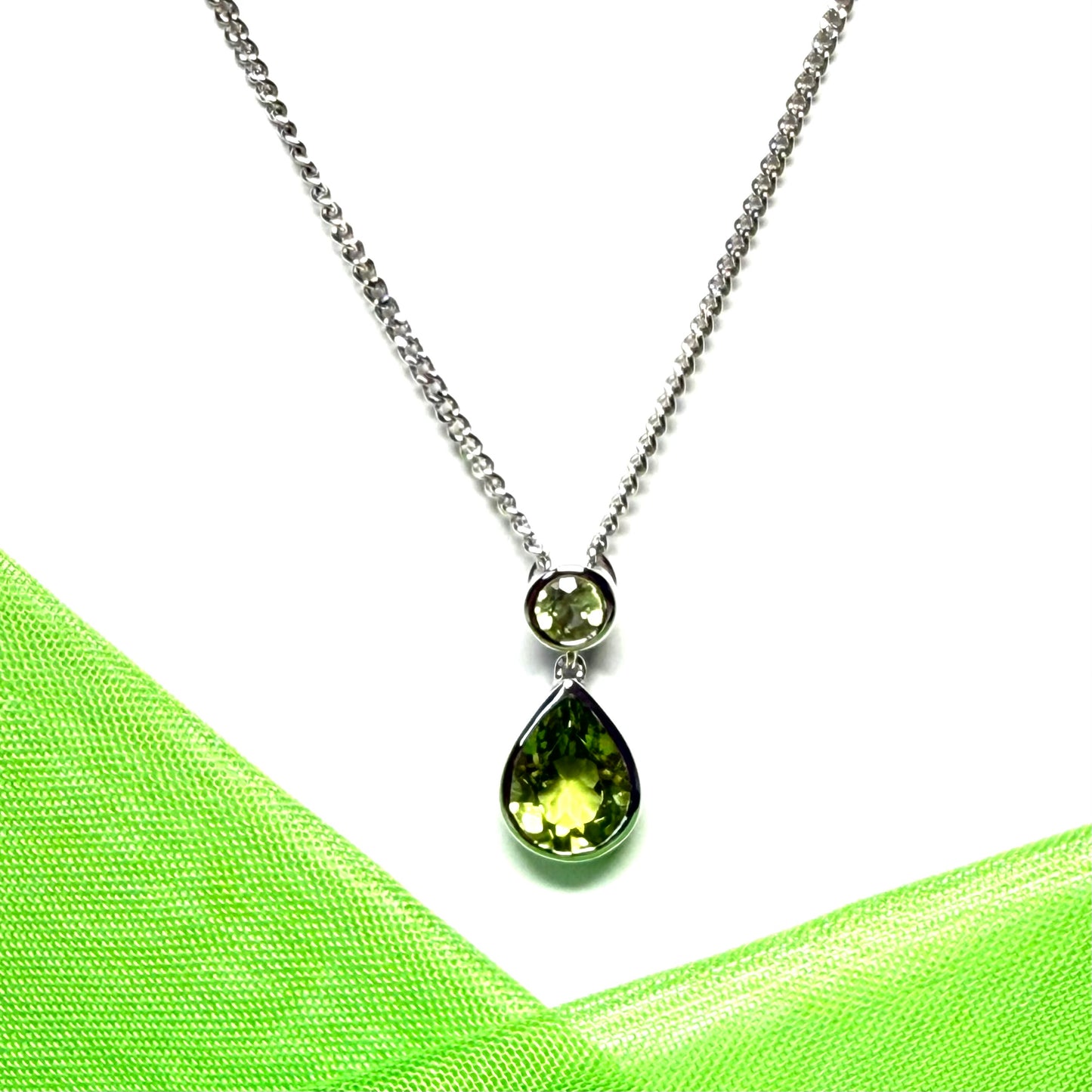 Real green peridot necklace double round and pear teardrop fancy sterling silver pendant with chain included