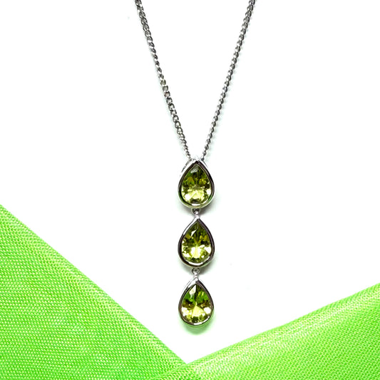 Real green peridot triple necklace pear shaped white gold teardrop pendant