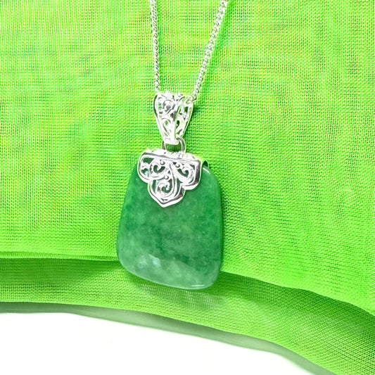 Real jade necklace green sterling silver large cushion shape, a timeless designed pendant with chain included