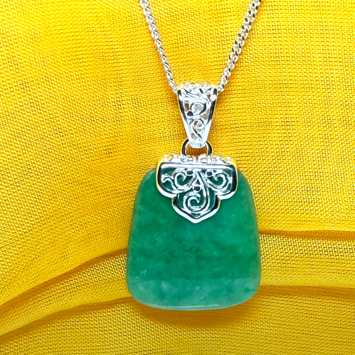 Real jade necklace green sterling silver large cushion shaped pendant, a truly stunning design