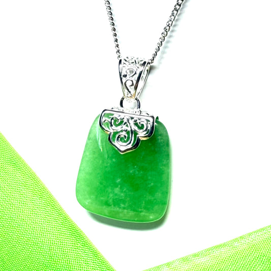 Real jade necklace green sterling silver large cushion shaped