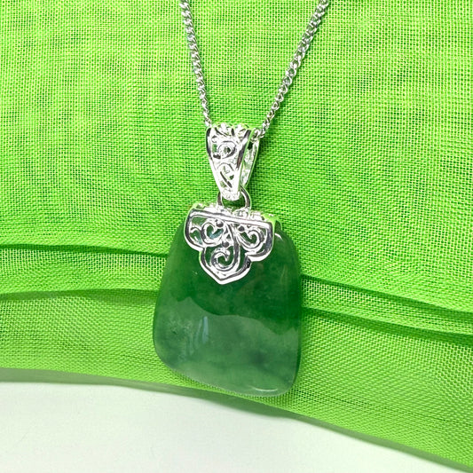 Real jade necklace green sterling silver large cushion shaped, a timeless designed pendant