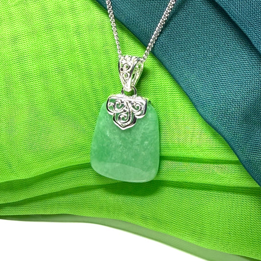 Real jade necklace green sterling silver large cushion shaped, a trendsetting design with a chain