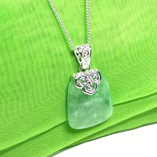 Real jade necklace green sterling silver large cushion shaped, a trendsetting design