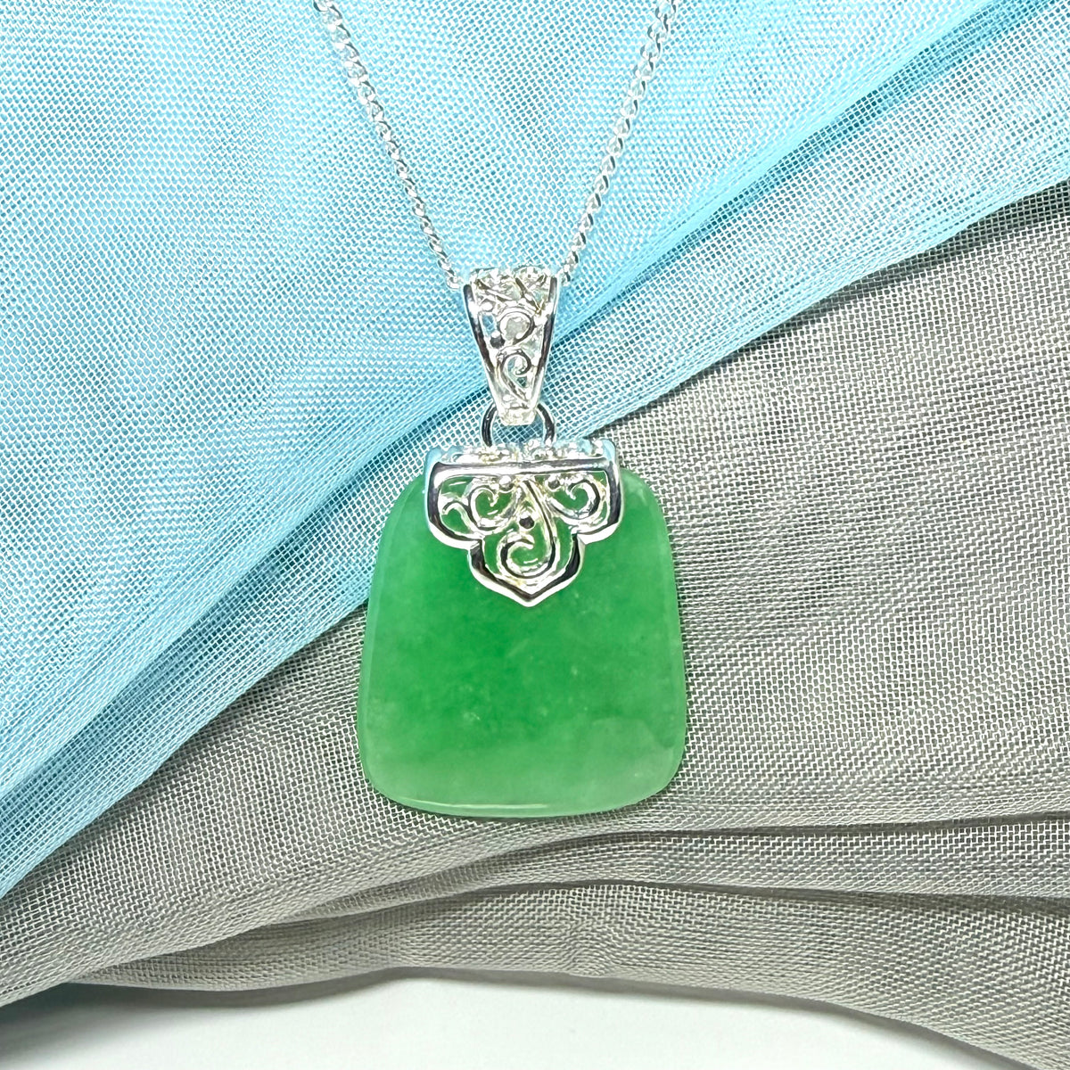 Real jade necklace green sterling silver large cushion shaped, a truly traditional design