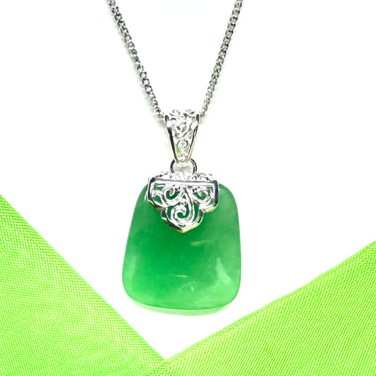 Real jade necklace green sterling silver large cushion shaped pendant, a timeless design