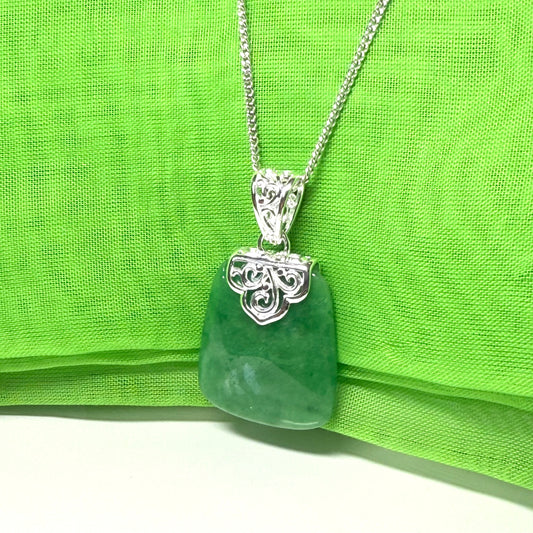 Real jade necklace green sterling silver large cushion shaped, timeless designed pendant
