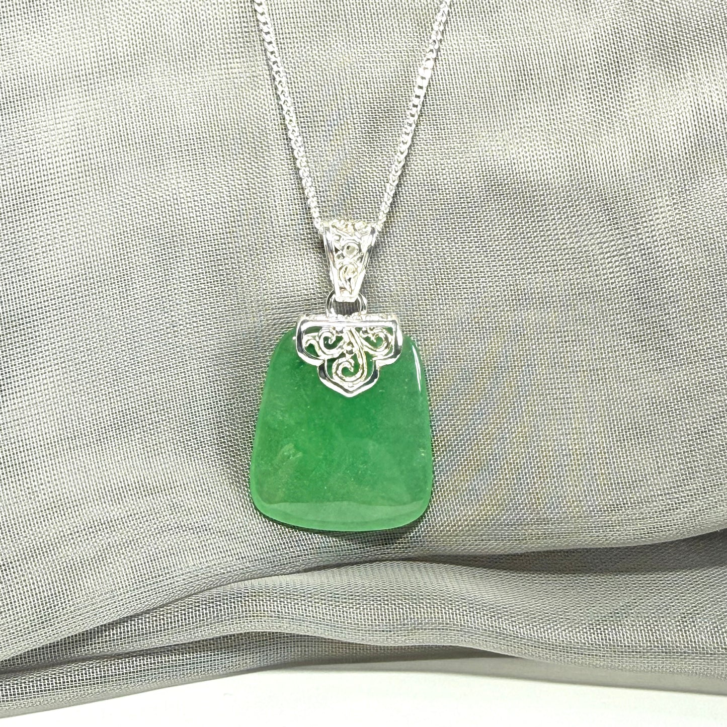 Real jade necklace green sterling silver large cushion shaped, with a beautiful designed pendant with chain included