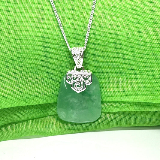 Real jade necklace green sterling silver large cushion shaped, with a timeless design pendant