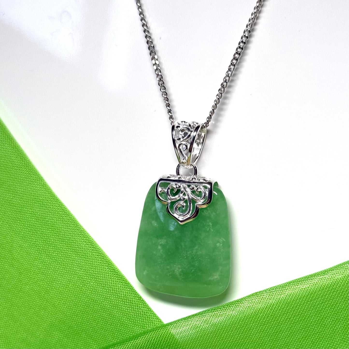 Real jade necklace light green sterling silver large cushion shaped pendant