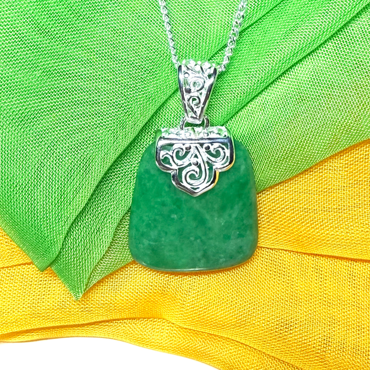 Real jade necklace light green sterling silver large cushion shaped pendant