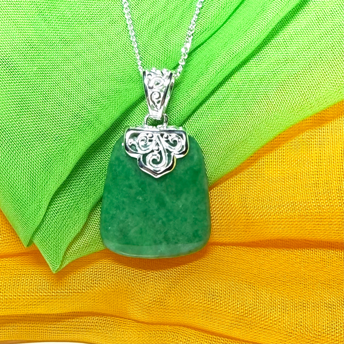 Real jade necklace light green sterling silver large cushion shaped pendant