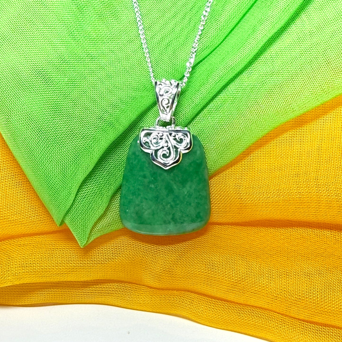 Real jade necklace light green sterling silver large cushion shaped pendant with a chain