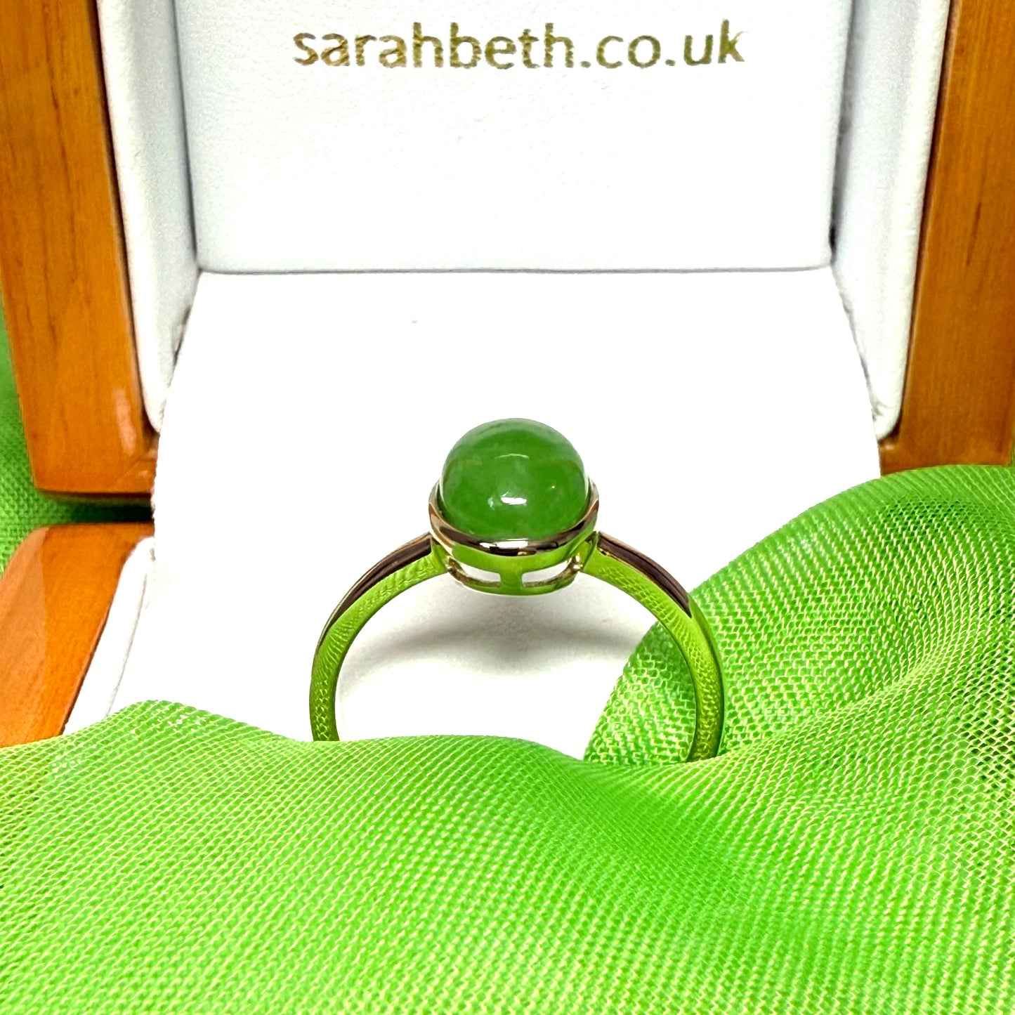 Real jade ring green yellow gold oval smooth rubbed over setting