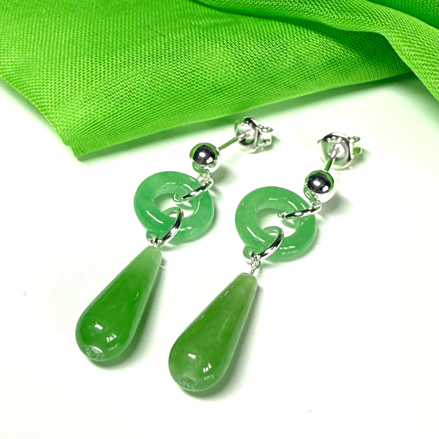 Real jade round and teardrop sterling silver dropped earrings