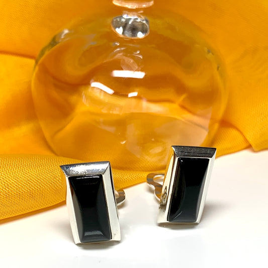 Real jet black long rectangular drop earrings crafted in sterling silver