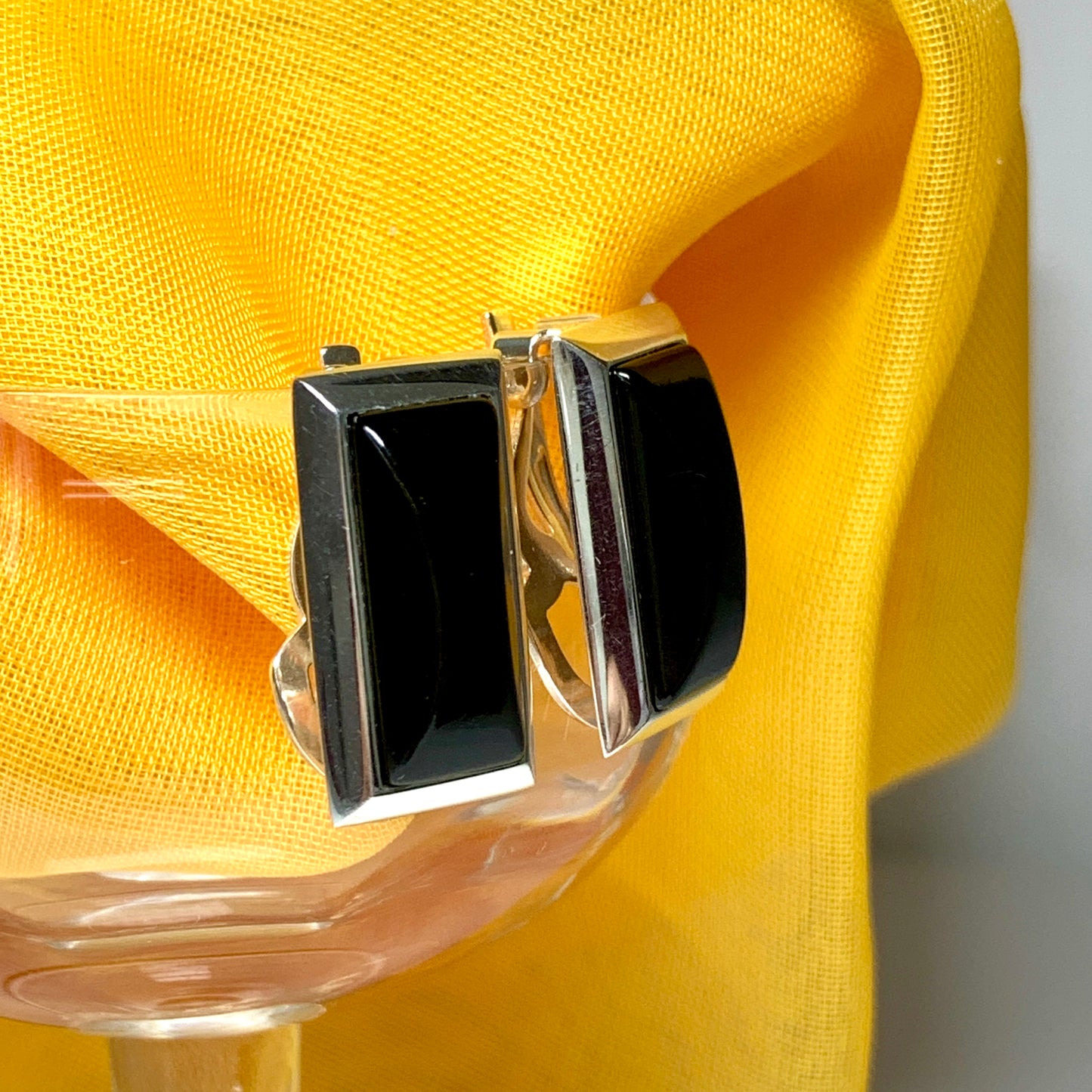 Real jet black long rectangular drop earrings crafted in sterling silver