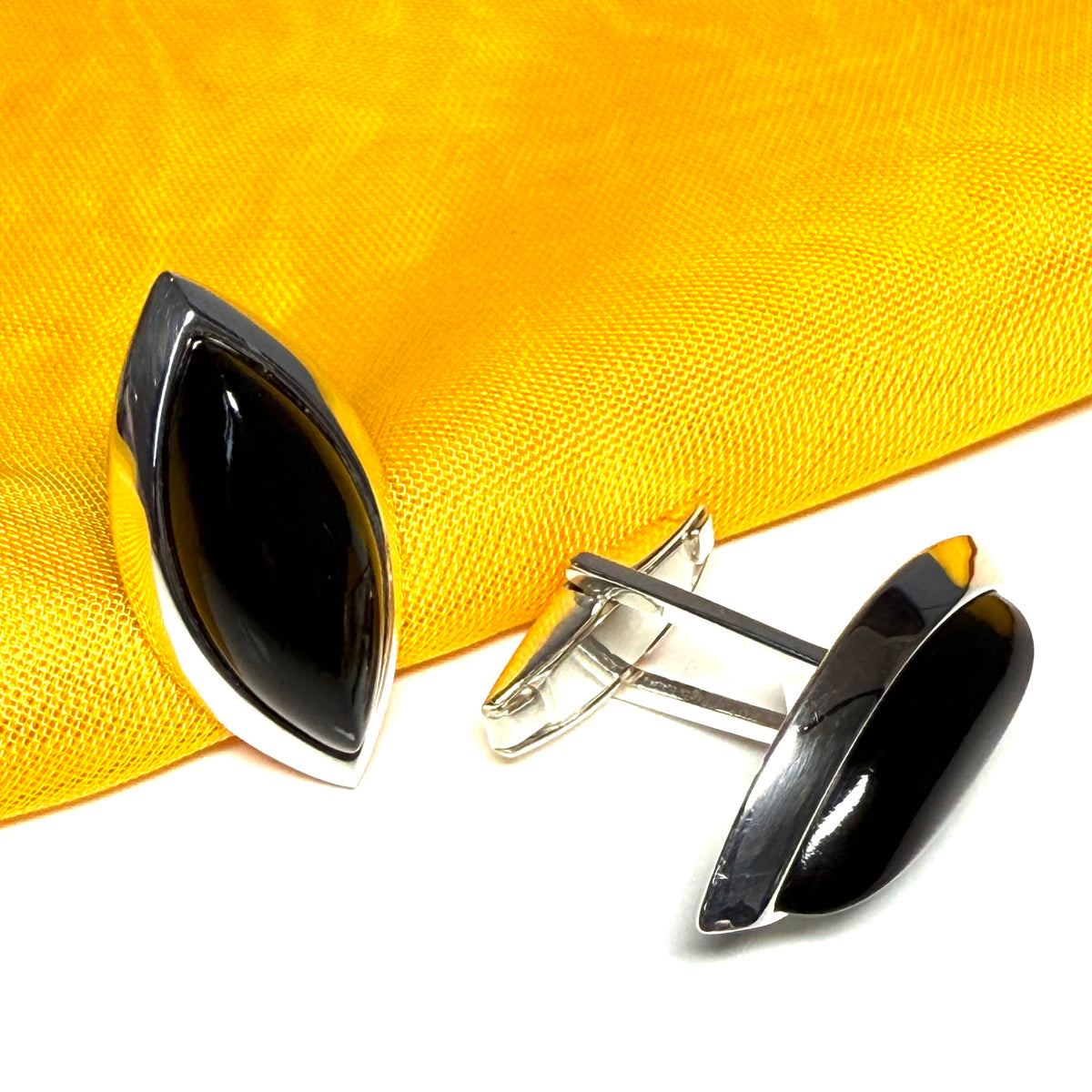 Real jet cufflinks sterling silver marquise shaped