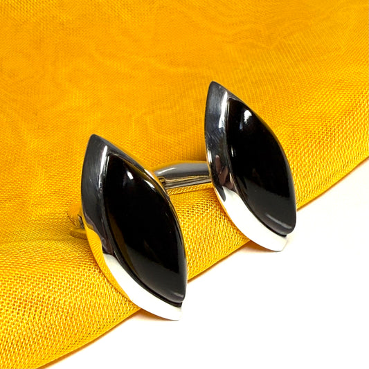 Real jet cufflinks sterling silver marquise shaped