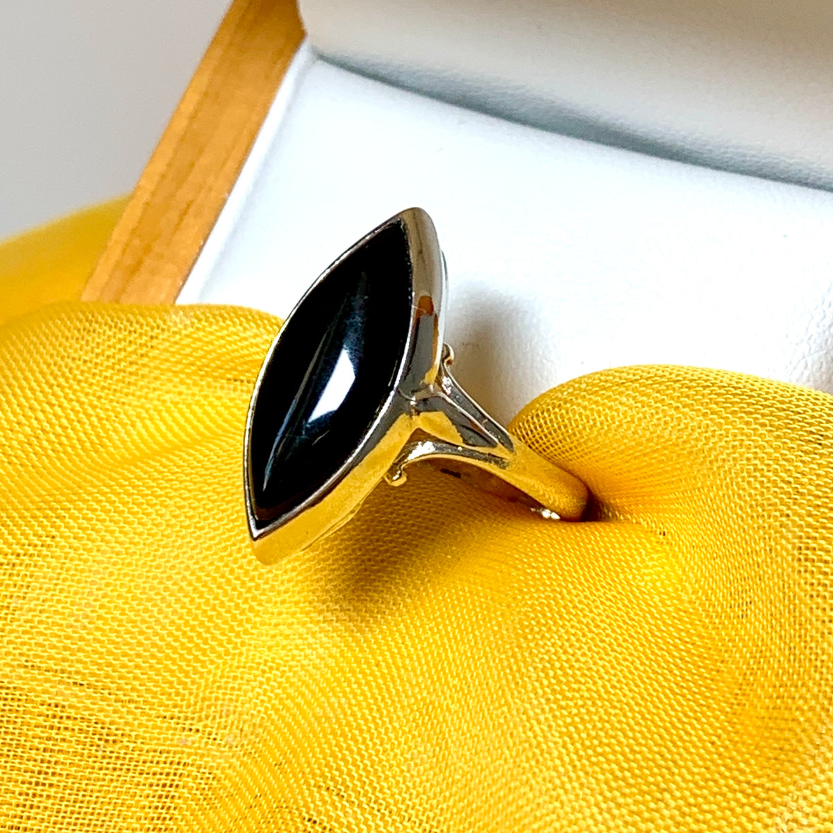 Real jet ring black sterling silver marquise shaped