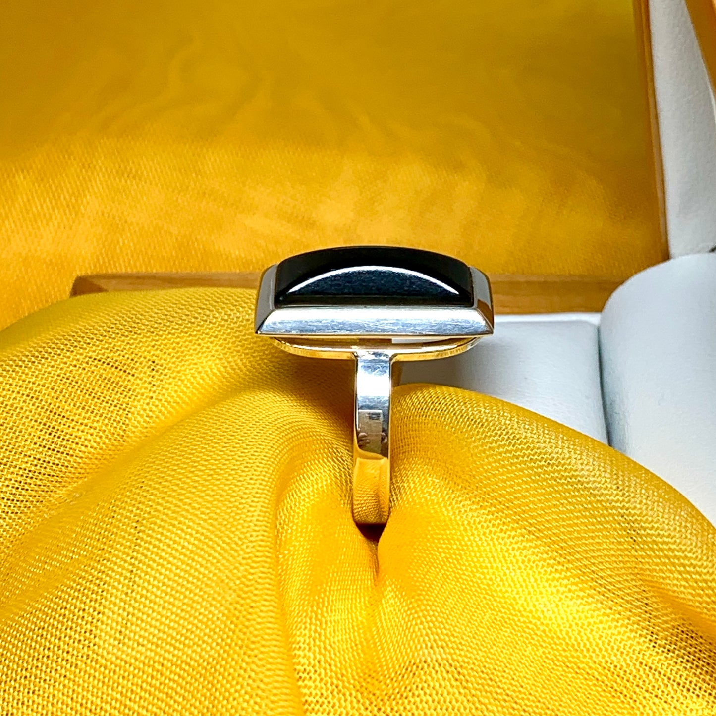 Real jet ring sterling silver black with a square rectangle design