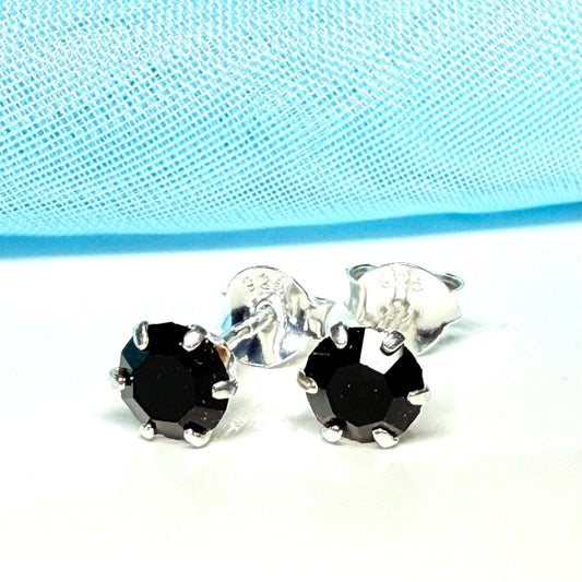 Real jet stud earrings black round sterling silver claw set
