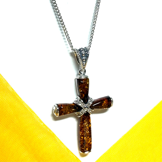 Real large amber cross necklace sterling silver