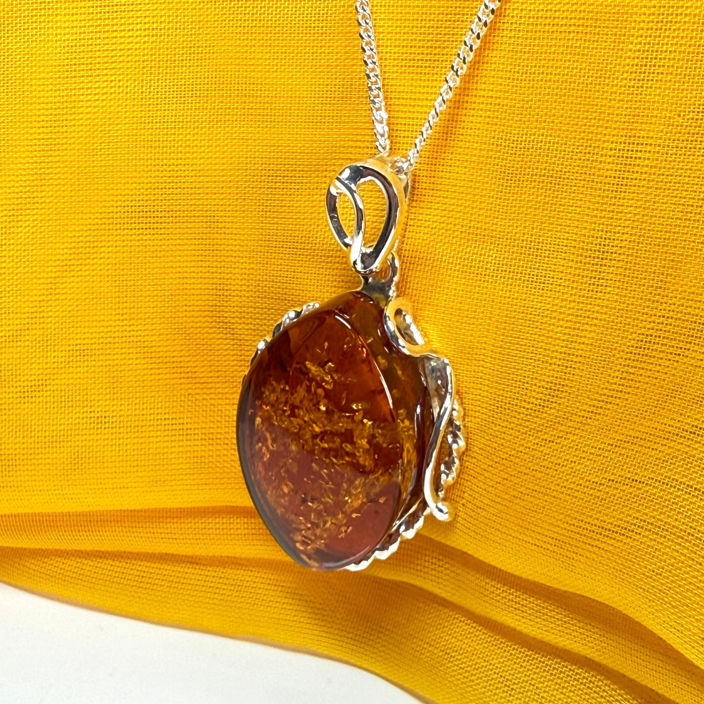 Real large amber necklace marquise shaped pendant sterling silver with chain
