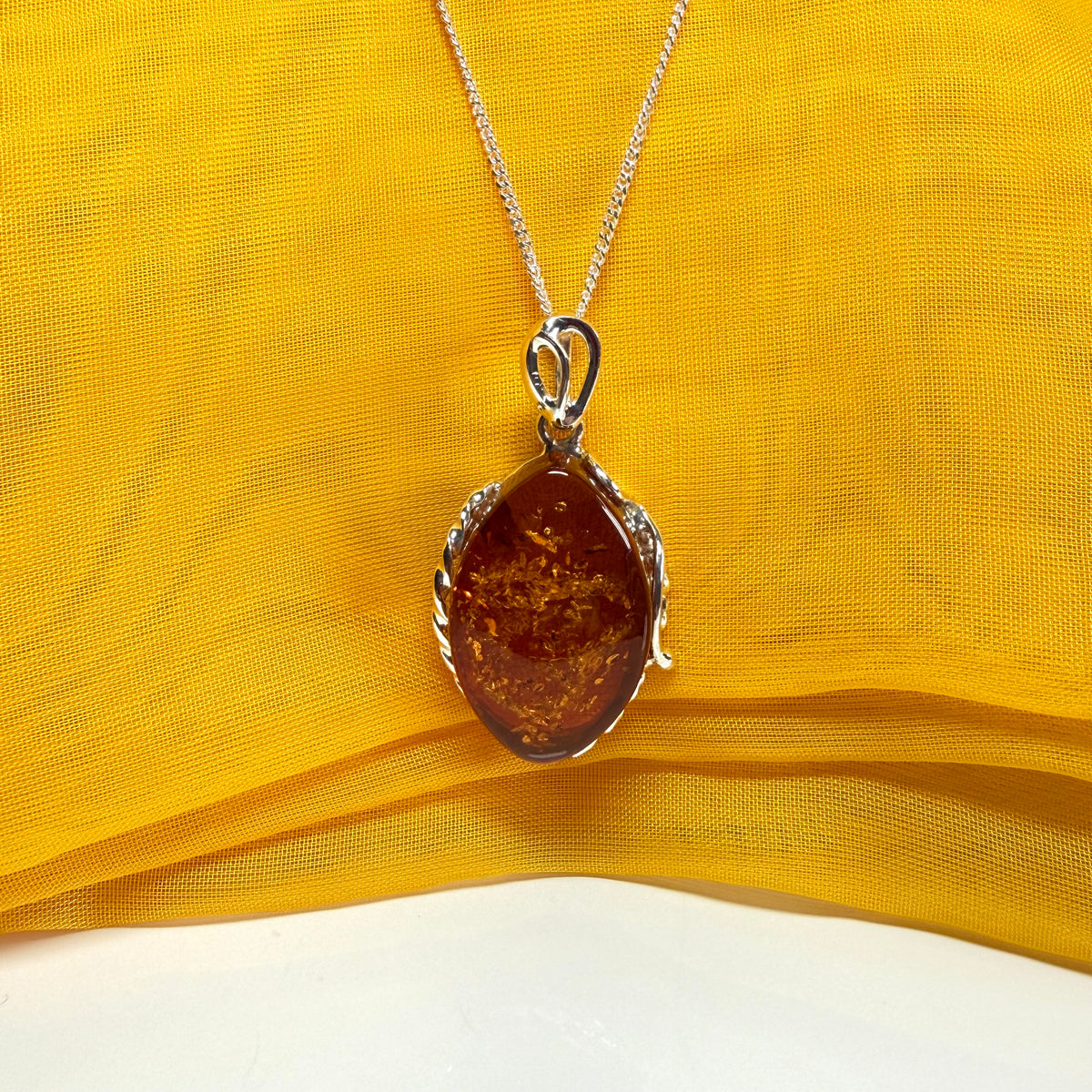 Real large amber necklace marquise shaped pendant sterling silver