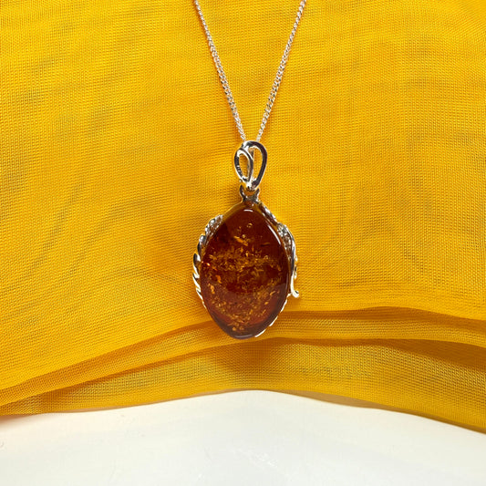 Real large amber necklace marquise shaped pendant sterling silver